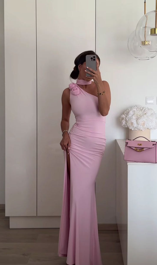 Elegante vestido de fiesta rosa de un solo hombro con estampado floral 3D y abertura tipo sirena, vestido de noche TP2310