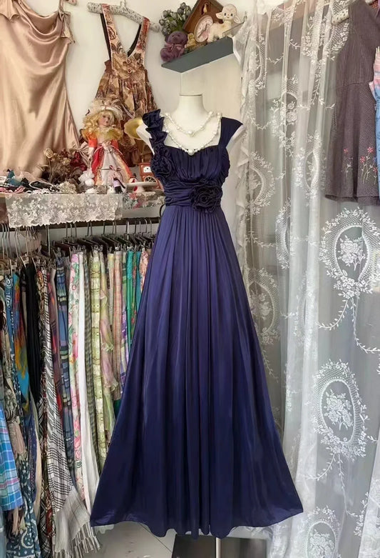 Vestido de fiesta retro azul marino con tirantes y flores 3D, corte A, TP2315