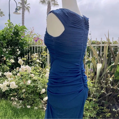 Vestido de noche vintage azul marino sin tirantes, sin mangas, con volantes y corte sirena de tul TP2317