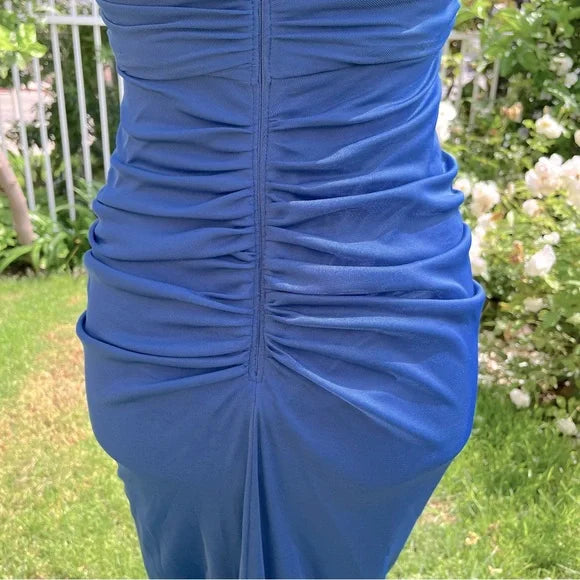 Vestido de noche vintage azul marino sin tirantes, sin mangas, con volantes y corte sirena de tul TP2317