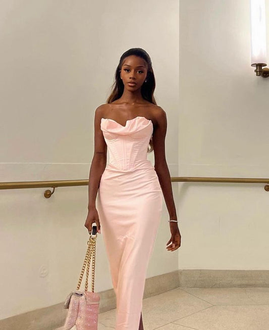 Vestido de noche largo estilo sirena, sin tirantes y escote corazón, de satén rosa, TP2318