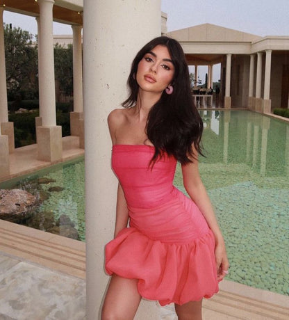 Sweet Pink Puff Skirt Strapless Tulle Mini Birthday Party Dress Homecoming Dress TP2319