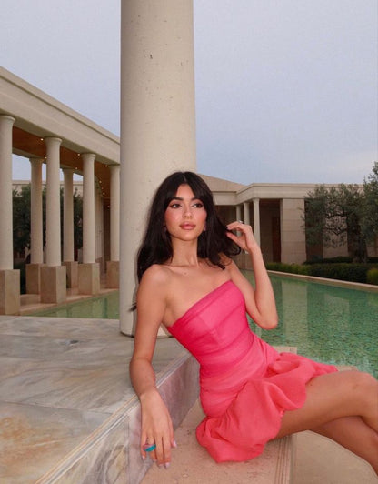 Sweet Pink Puff Skirt Strapless Tulle Mini Birthday Party Dress Homecoming Dress TP2319