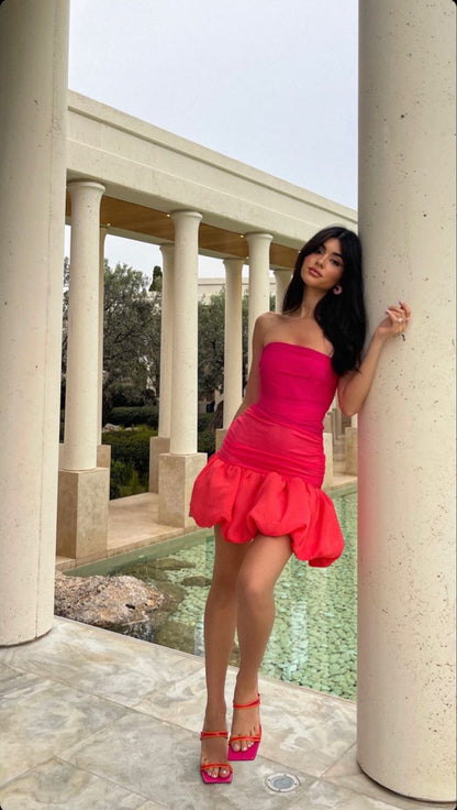 Sweet Pink Puff Skirt Strapless Tulle Mini Birthday Party Dress Homecoming Dress TP2319