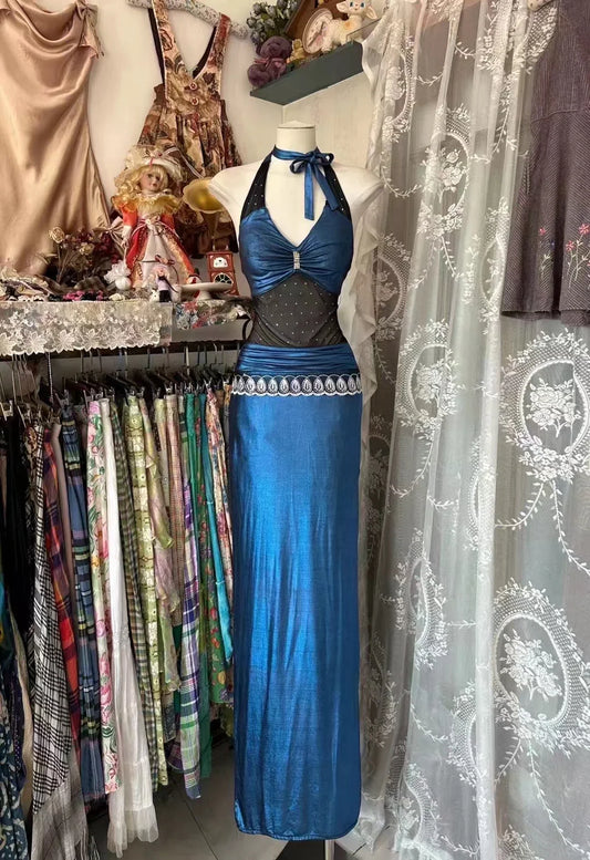 Vestido de noche vintage de satén largo con escote halter y corte sirena, sin mangas, TP2322