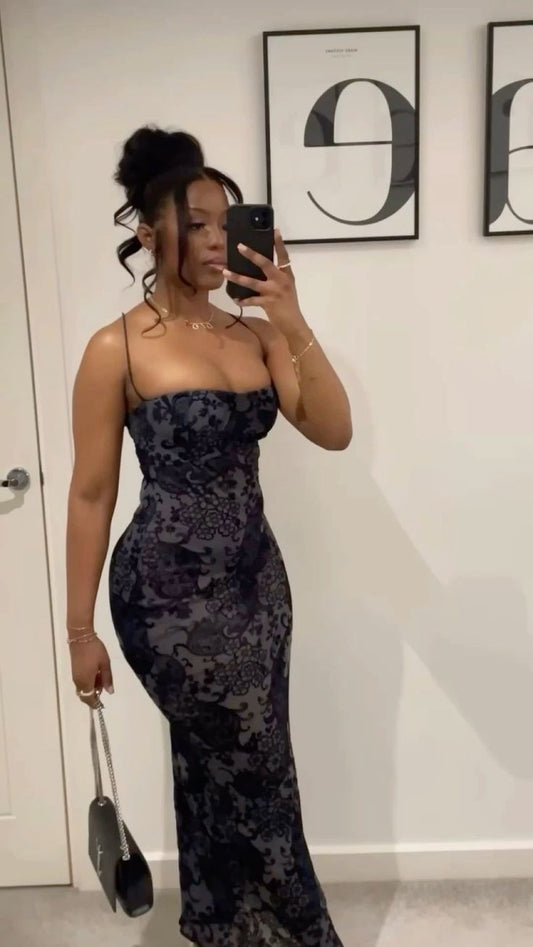 Vestido de noche largo de encaje negro con tirantes finos y corte bajo, estilo sirena, sexy, retro, TP2323