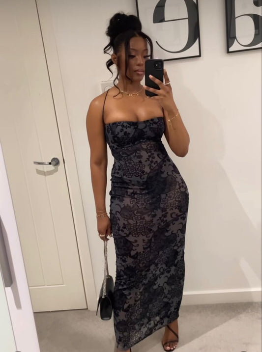 Vestido de noche largo de encaje negro con tirantes finos y corte bajo, estilo sirena, sexy, retro, TP2323