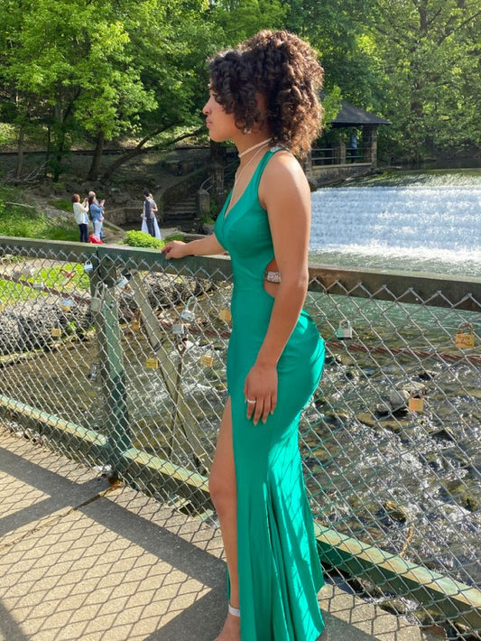 Hermoso vestido de noche formal de sirena con tirantes de satén, escote en V, sin mangas y espalda descubierta, TP2327