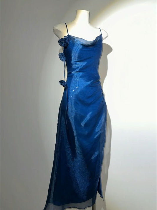 Vestido de noche formal estilo sirena con tirantes azules estilo vintage TP2342