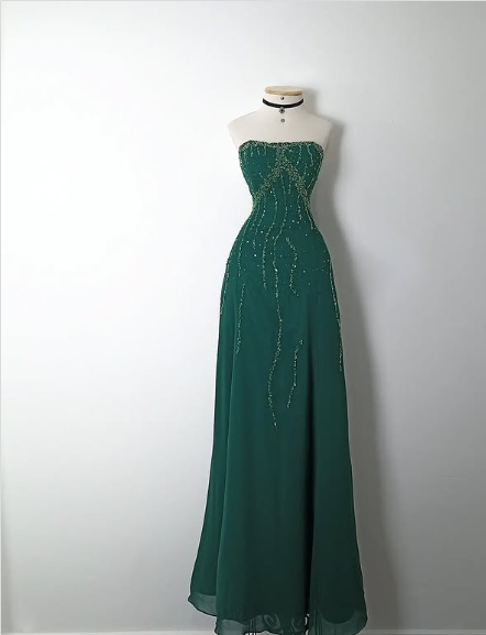 Vestido de noche largo vintage verde corte A sin tirantes con lentejuelas y sin mangas TP2349