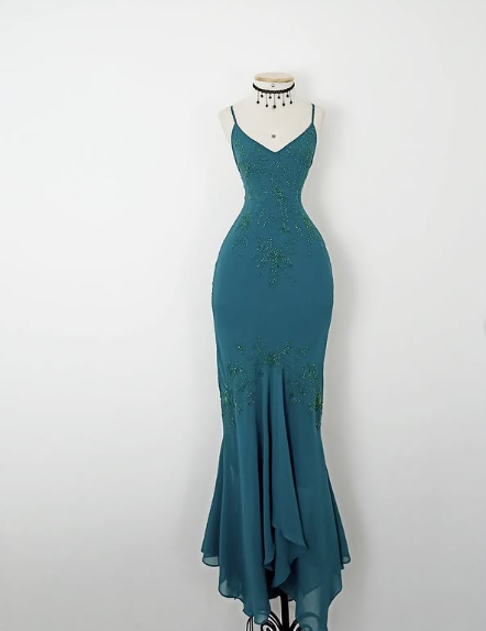 Vestido de noche estilo sirena vintage azul con escote en V, tirantes finos, cuentas y hombros descubiertos, TP2350