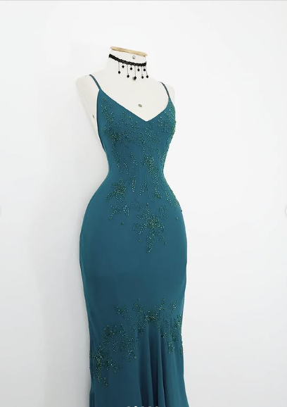 Vestido de noche estilo sirena vintage azul con escote en V, tirantes finos, cuentas y hombros descubiertos, TP2350