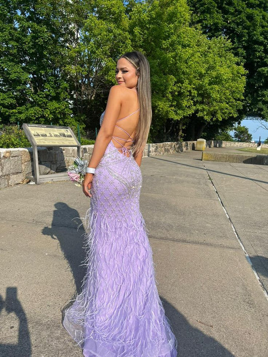 Vestido de dama de honor morado glamuroso, sin mangas, con lentejuelas y largo hasta el suelo, TP2359