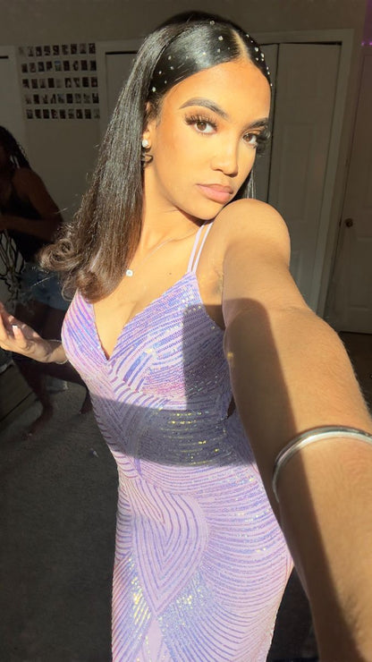 Sparkling Purple Straps V Neck Sequin Floor Length Prom Dress Bridesmaid Dress TP2360