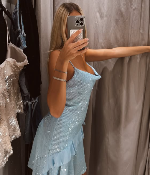Vestido de fiesta corto con volantes y lentejuelas azul claro con tirantes finos, vestido de regreso a casa TP2364