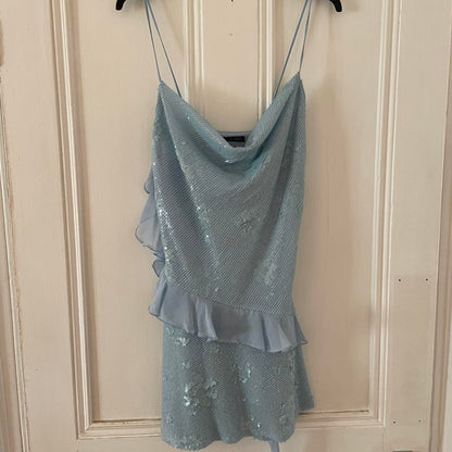 Vestido de fiesta corto con volantes y lentejuelas azul claro con tirantes finos, vestido de regreso a casa TP2364