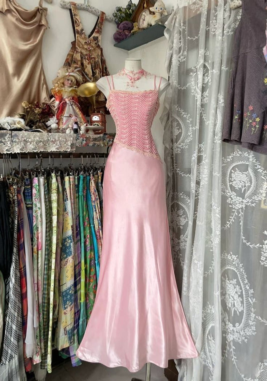 Vestido de noche largo estilo sirena con tirantes finos de satén y cuentas, estilo vintage, TP2366