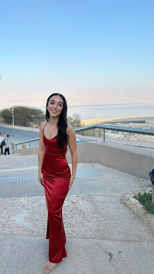 Vestido de noche formal de sirena, largo, de satén burdeos, con tirantes finos, sencillo, TP2368
