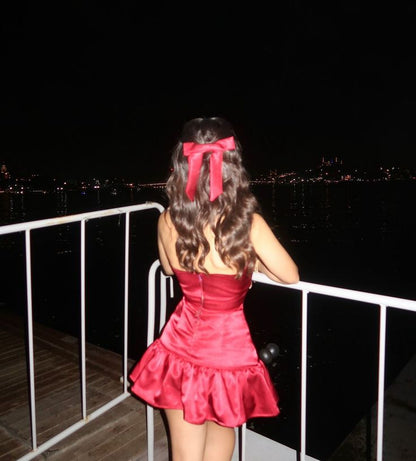 Vestido de fiesta de cumpleaños, de satén burdeos, corto, con escote en V y corte A, TP2369