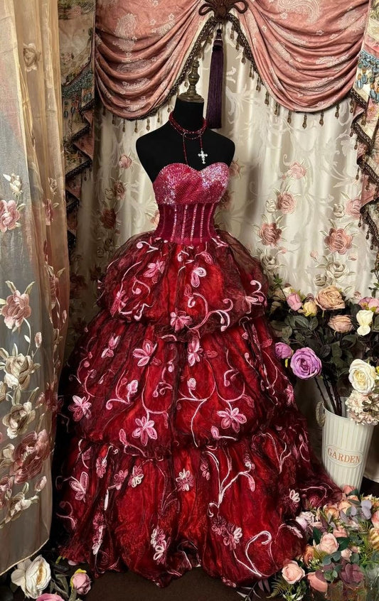 Vestido de fiesta vintage sin tirantes, escote corazón, corte A, largo hasta el suelo, con flores escalonadas, TP2371