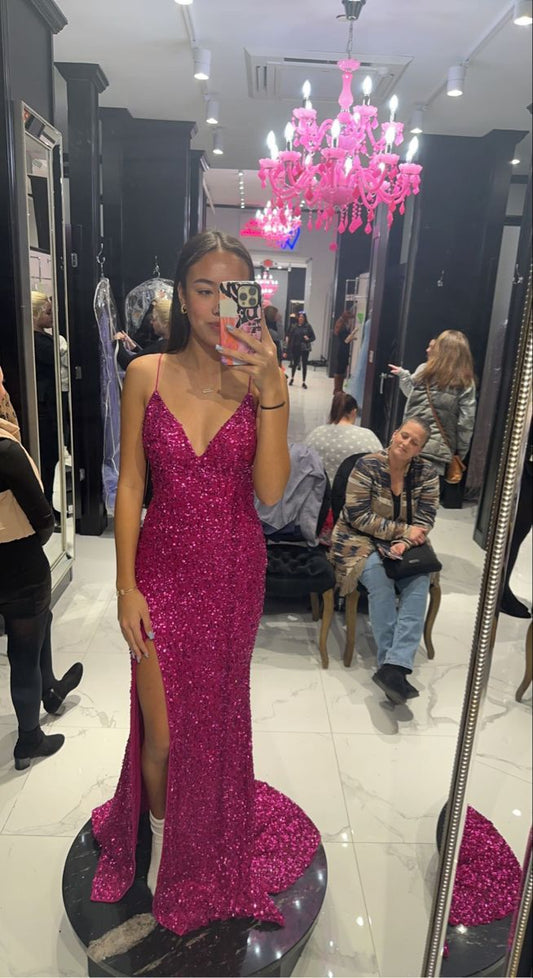 Vestido de dama de honor rosa, largo, corte sirena, sin mangas, con lentejuelas y tirantes finos, TP2372