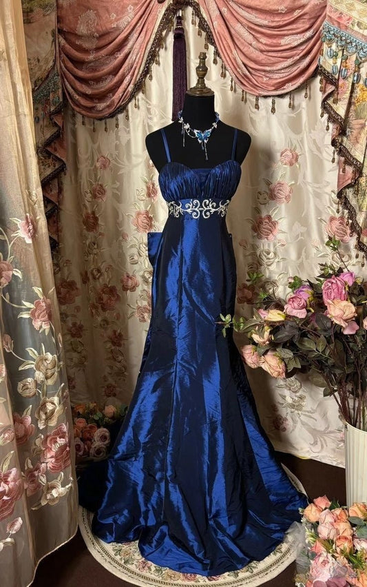 Vestido de noche de satén con tirantes azules, corte A, largo hasta el suelo, estilo vintage, TP2376