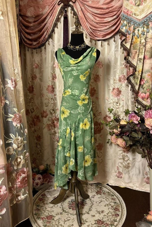Vestido de noche largo con falda irregular, sin mangas y estampado verde vintage TP2377