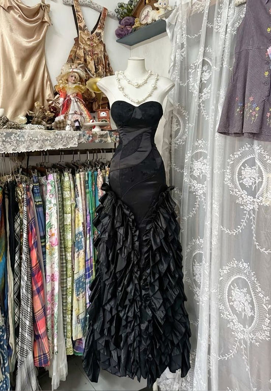 Vestido de noche largo vintage sin tirantes, escote corazón, volantes, negro, TP2378