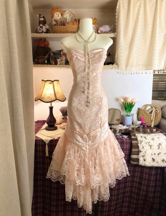 Vestido de noche largo con escote corazón, sin tirantes, de satén y lazo de encaje, color rosa, TP2380
