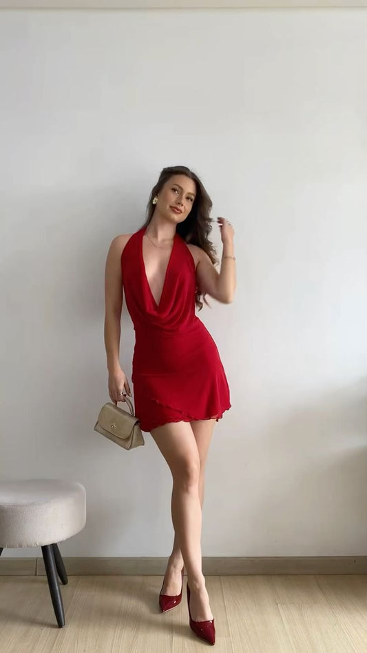 Vestido de noche corto de gasa sin mangas con cuello halter y escote pronunciado en color burdeos, sexy, TP2383