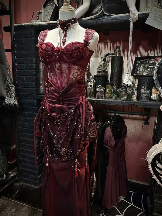 Vestido de fiesta estilo sirena con encaje, lentejuelas y cuentas en color burdeos, estilo vintage, TP2384