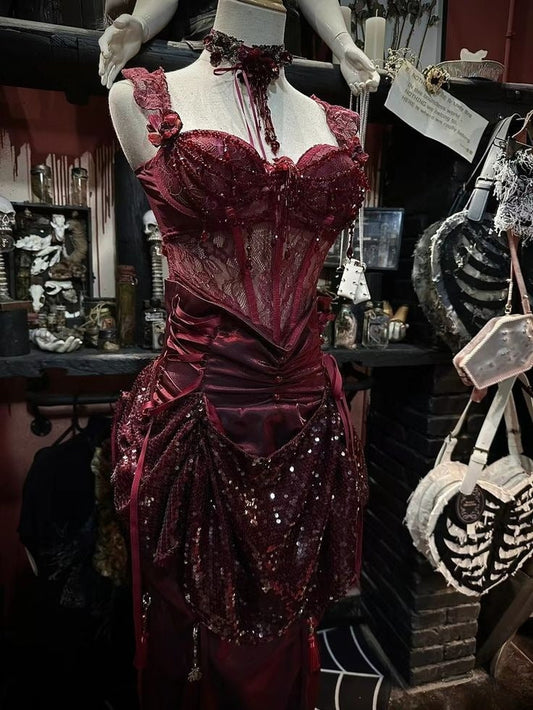 Vestido de fiesta estilo sirena con encaje, lentejuelas y cuentas en color burdeos, estilo vintage, TP2384