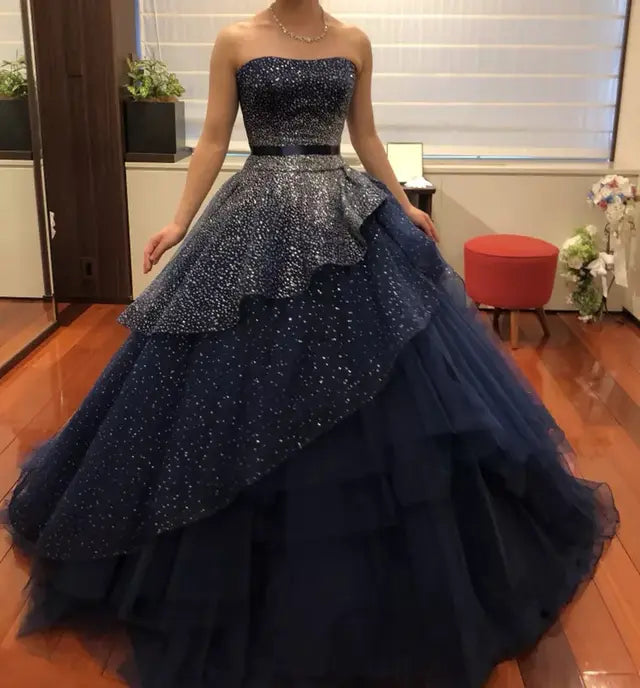 Vestido de noche elegante azul marino de corte A, sin tirantes, largo hasta el suelo, TP2389