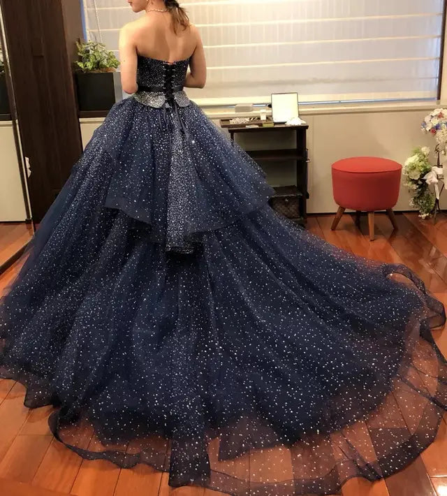 Vestido de noche elegante azul marino de corte A, sin tirantes, largo hasta el suelo, TP2389