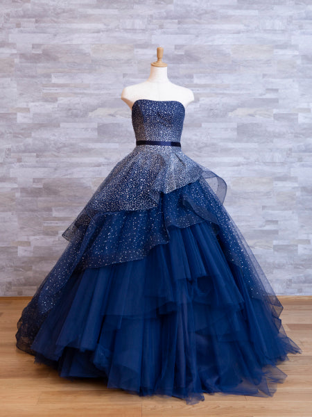 Vestido de noche elegante azul marino de corte A, sin tirantes, largo hasta el suelo, TP2389