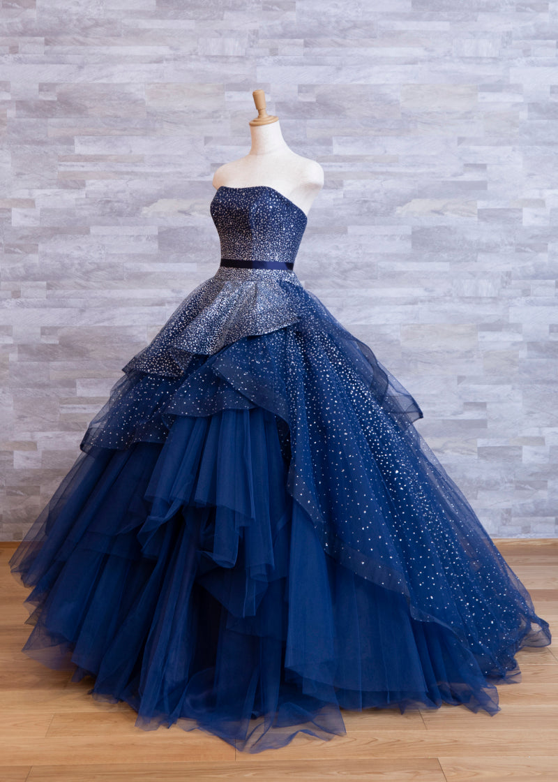 Vestido de noche elegante azul marino de corte A, sin tirantes, largo hasta el suelo, TP2389