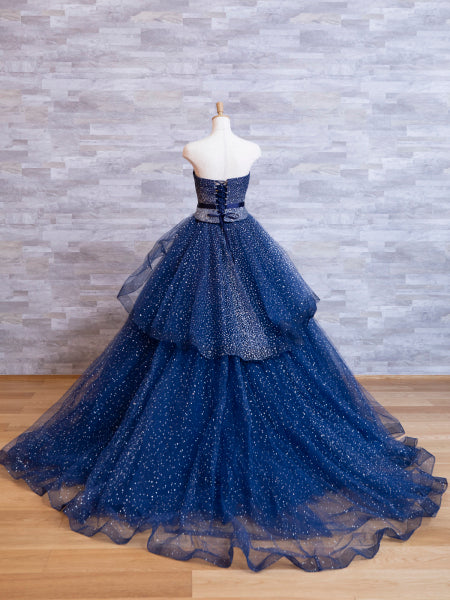 Vestido de noche elegante azul marino de corte A, sin tirantes, largo hasta el suelo, TP2389