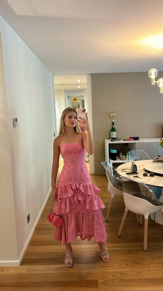 Vestido de fiesta vintage rosa con tirantes, sin mangas y encaje hasta el tobillo, TP2391