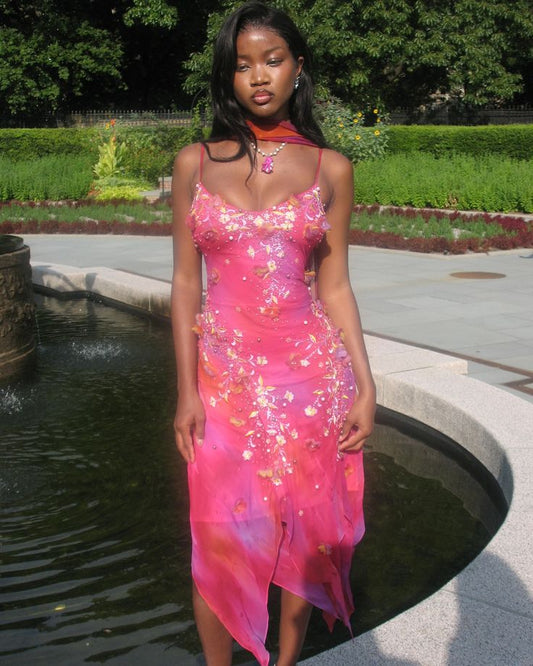 Vestido de fiesta de gasa con estampado floral, sin mangas, color rosa y tirantes finos, TP2392