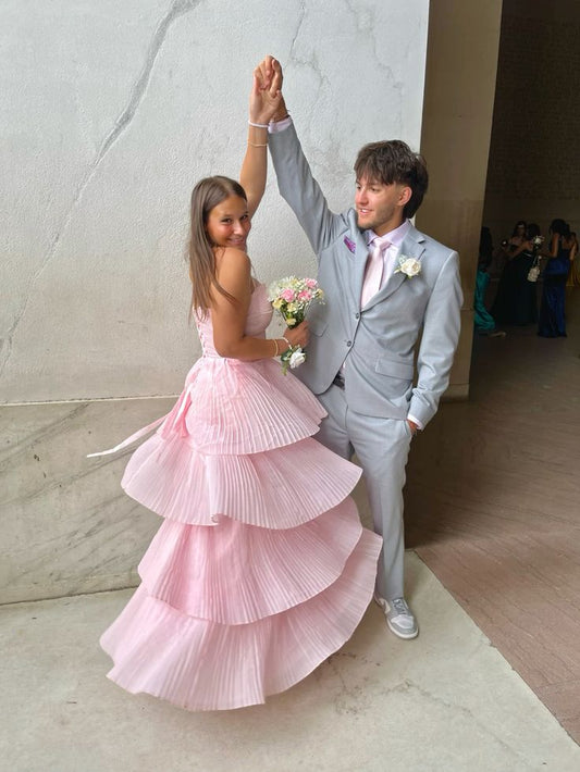 Elegante vestido de fiesta rosa sin tirantes, corte A, con capas y largo hasta los tobillos, para dama de honor TP2395