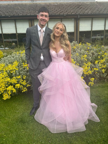 Elegante vestido de dama de honor rosa con escote en A, tirantes finos, espalda descubierta, en capas de tul, largo, TP2401