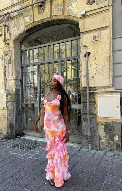 Hermoso vestido de fiesta de gasa con volantes, cuello halter, sin mangas y bloques de color, largo hasta los tobillos TP2403