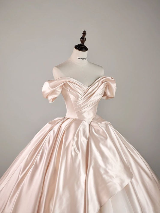 Elegante vestido de noche de satén rosa con corte A y hombros descubiertos, TP2404