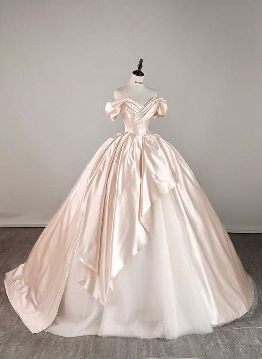 Elegante vestido de noche de satén rosa con corte A y hombros descubiertos, TP2404
