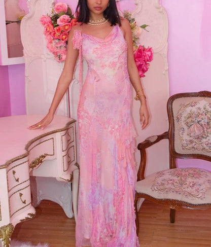 Vestido de fiesta elegante de gasa rosa con tirantes finos, sin mangas, largo hasta el suelo, TP2405