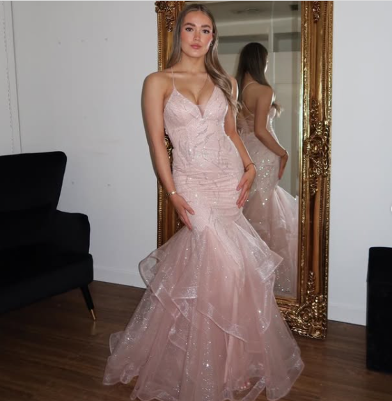 Vestido de noche de sirena con tirantes finos de tul rosa brillante, sin espalda, TP2421