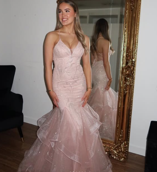Vestido de noche de sirena con tirantes finos de tul rosa brillante, sin espalda, TP2421