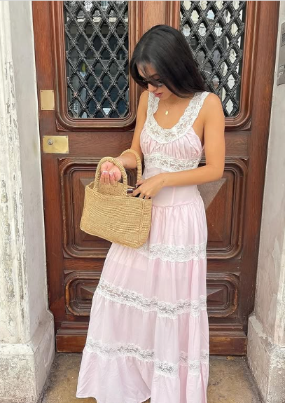 Vestido de fiesta largo rosa de corte A con escote redondo, sin mangas y encaje, TP2428