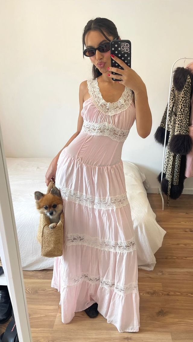 Vestido de fiesta largo rosa de corte A con escote redondo, sin mangas y encaje, TP2428