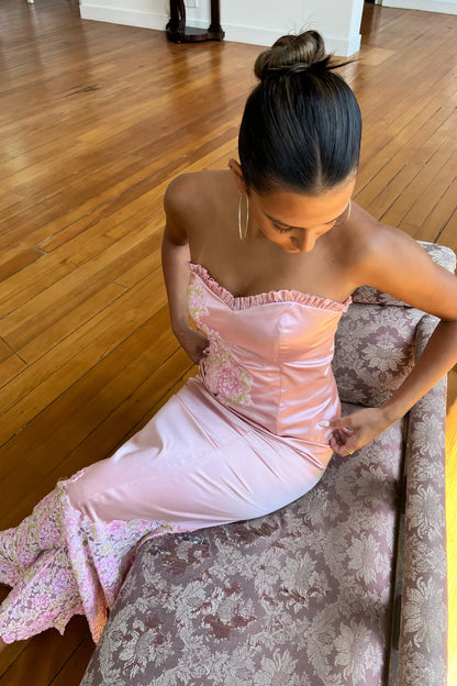 Vestido de noche largo estilo sirena con escote corazón de satén rosa vintage, con encaje, TP2438
